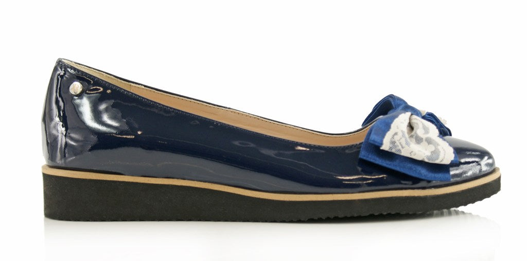 Bosccolo Womens Ballerina With Big Bow - Navy Blue Laquered/Lace