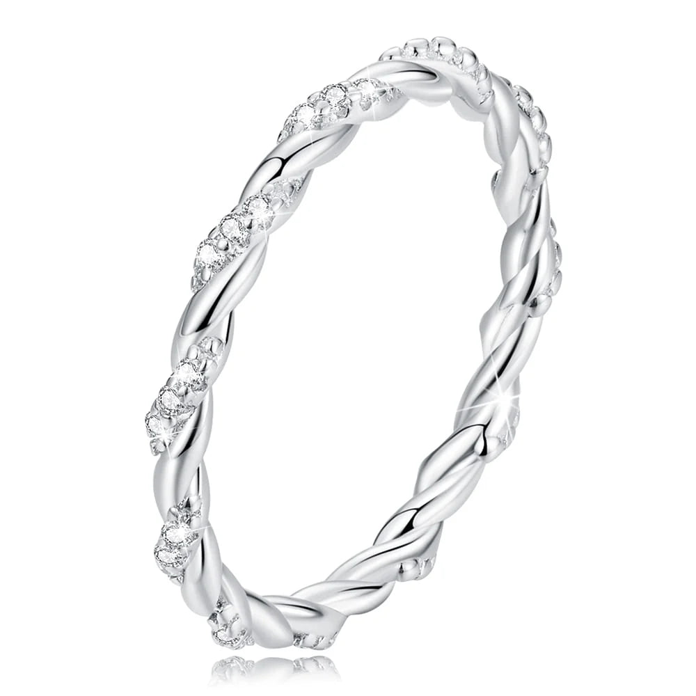 Solid 925 Sterling Silver Twisted Crystal String Ring
