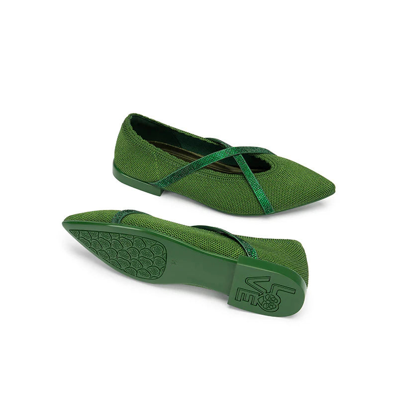 Rhinestone Cross Strap Pointed Toe Knit Flats - Green