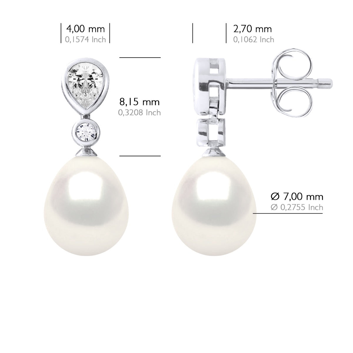 Earrings Real Cultured Freshwater Pearls Pear 7-8 mm - Natural White - Height Design Zirconia 0,60 cm