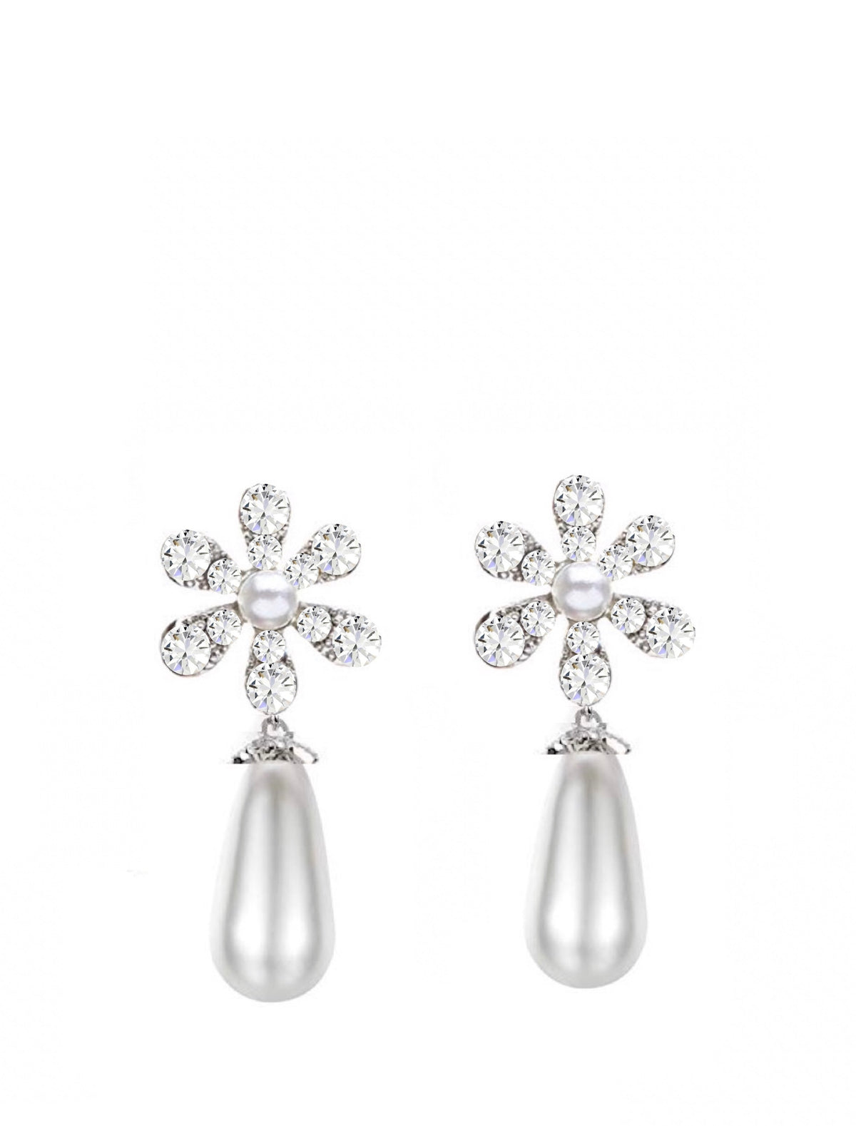 Liv Oliver 18K White Gold Flower Pearl Drop Earrings