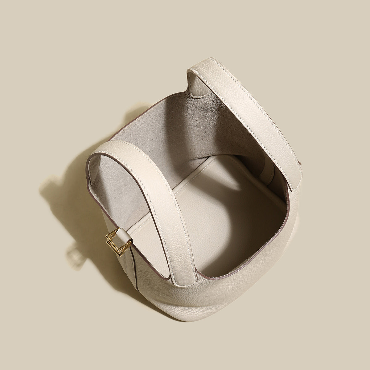 Premium Pebbled Leather Bucket Tote Bag - Ivory