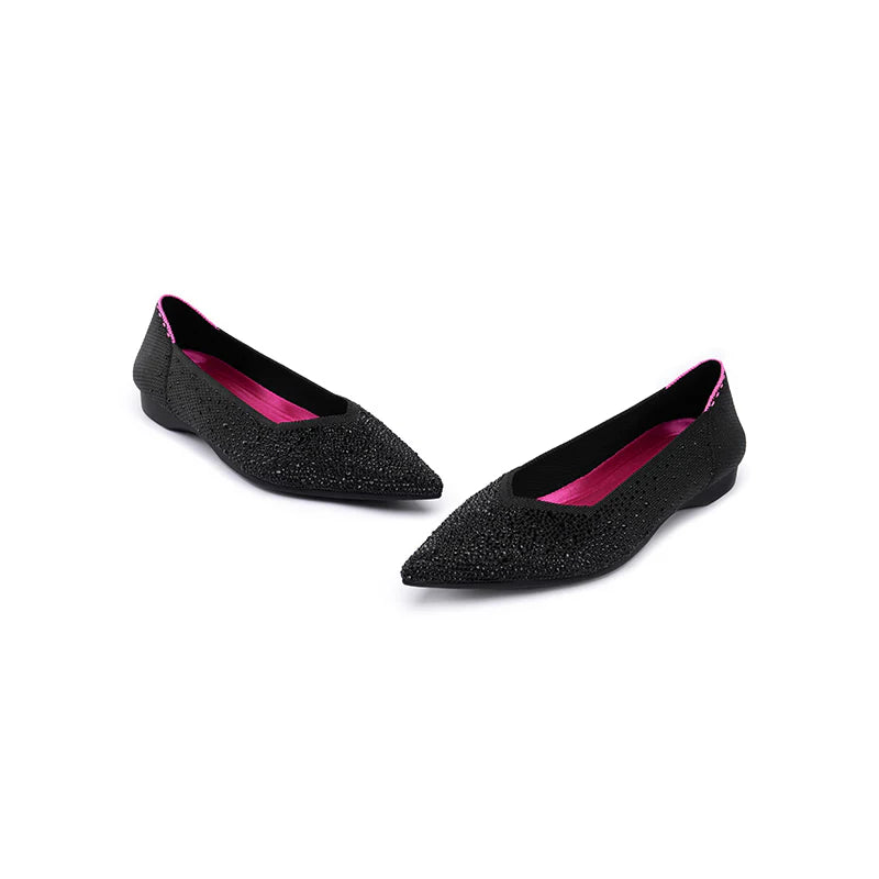 Rhinestone Knit Pointed Toe Ballet Flats - Black