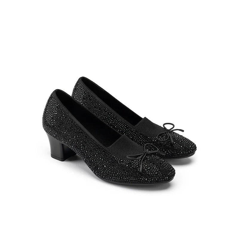 Rhinestone Bow Knit Round Toe Block Heel Pumps - Black