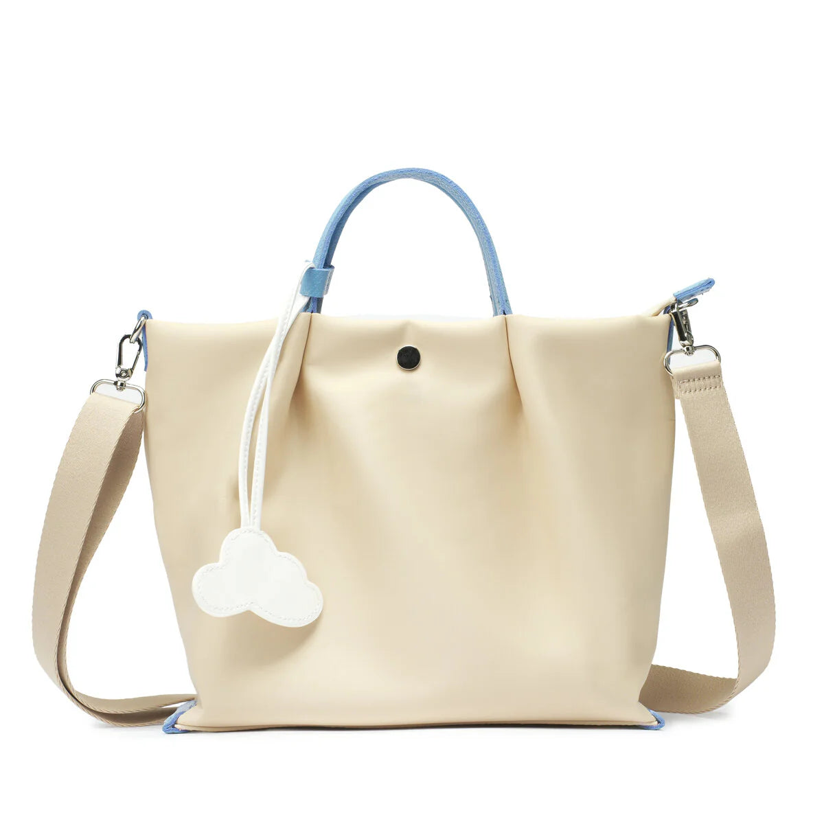 BAMEI Lightweight Water-Resistant Nylon Tote Bag with Leather Trim - Cream