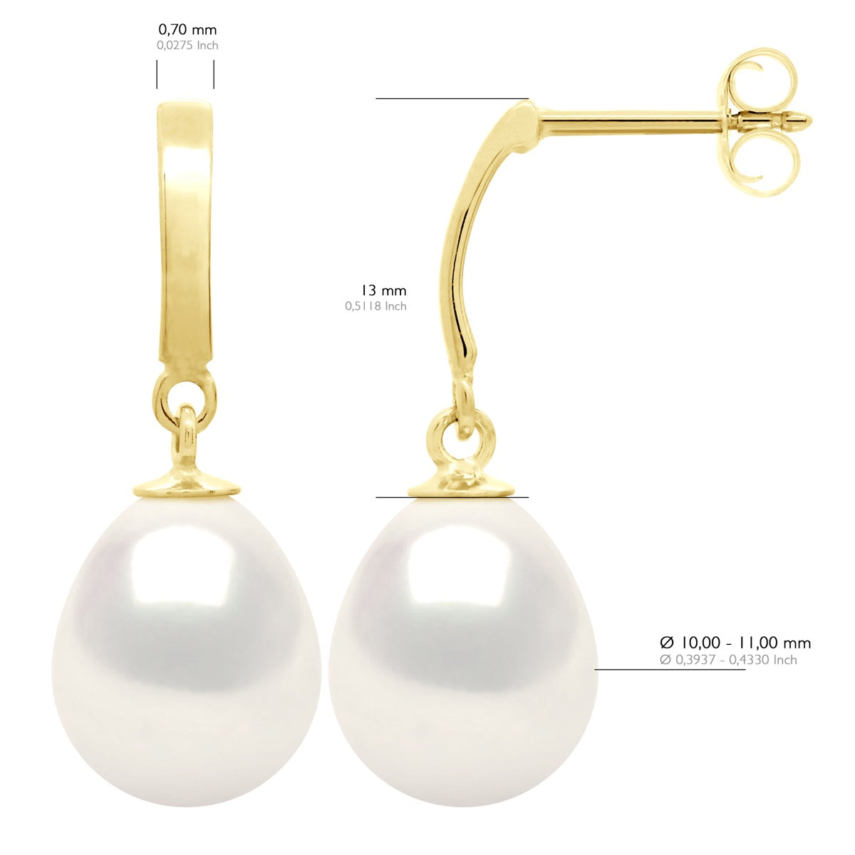 Earrings In Yellow Gold 375 and Real Cultured Freshwater Pearls Pear 10-11 mm - Natural Pearl White - Longueur 42 cm