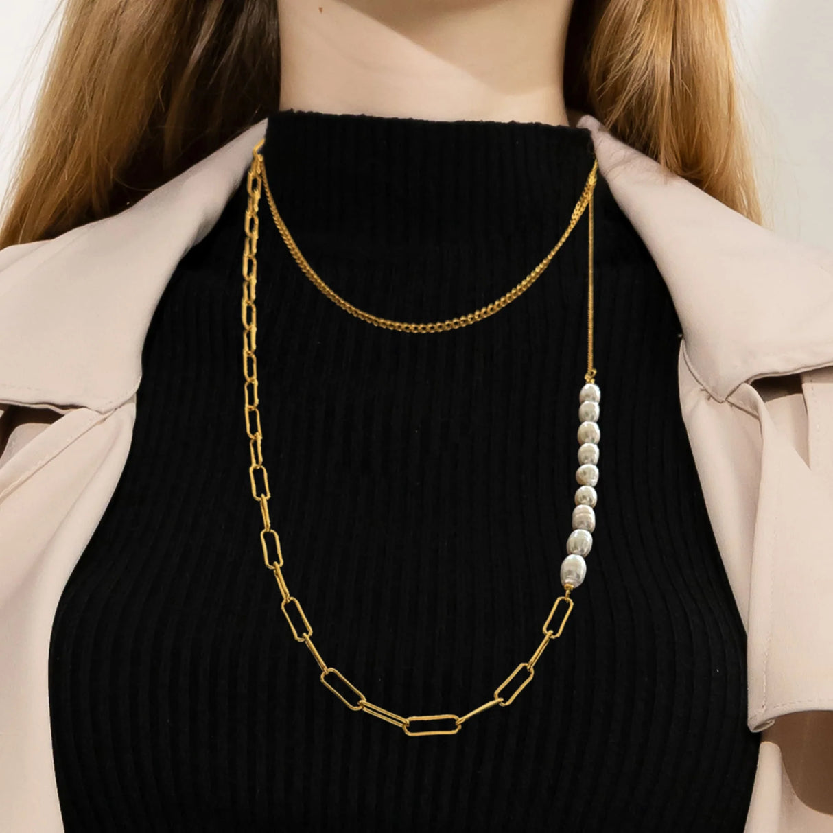 Bullion Gold Cuban Pearl Paperclip Necklace in Gold