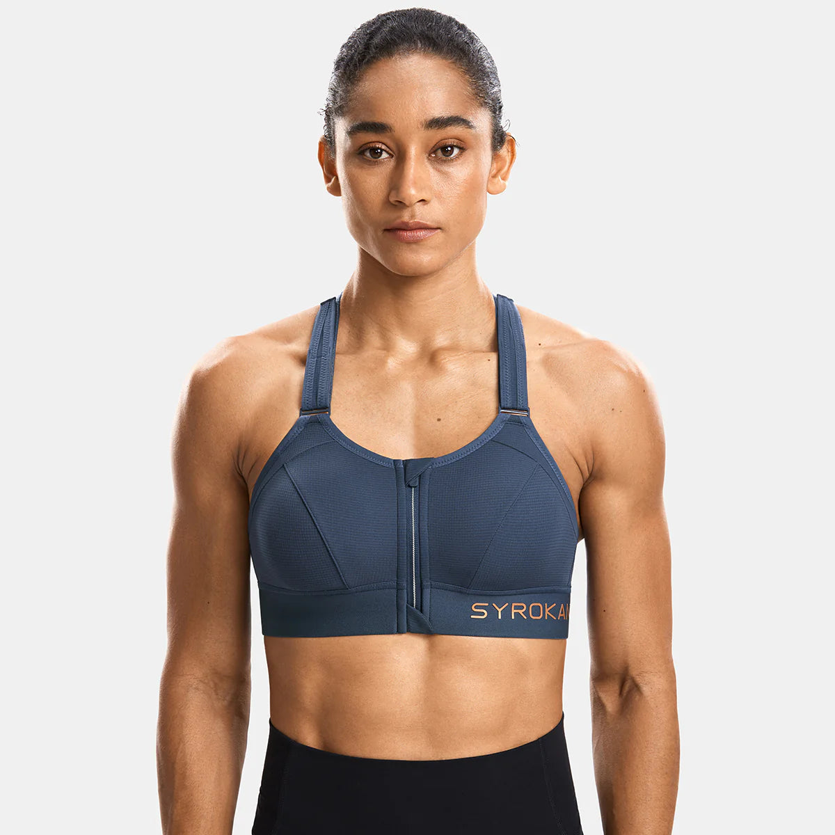 Zip Front Large Padded High Impact Sports Bra - Navy