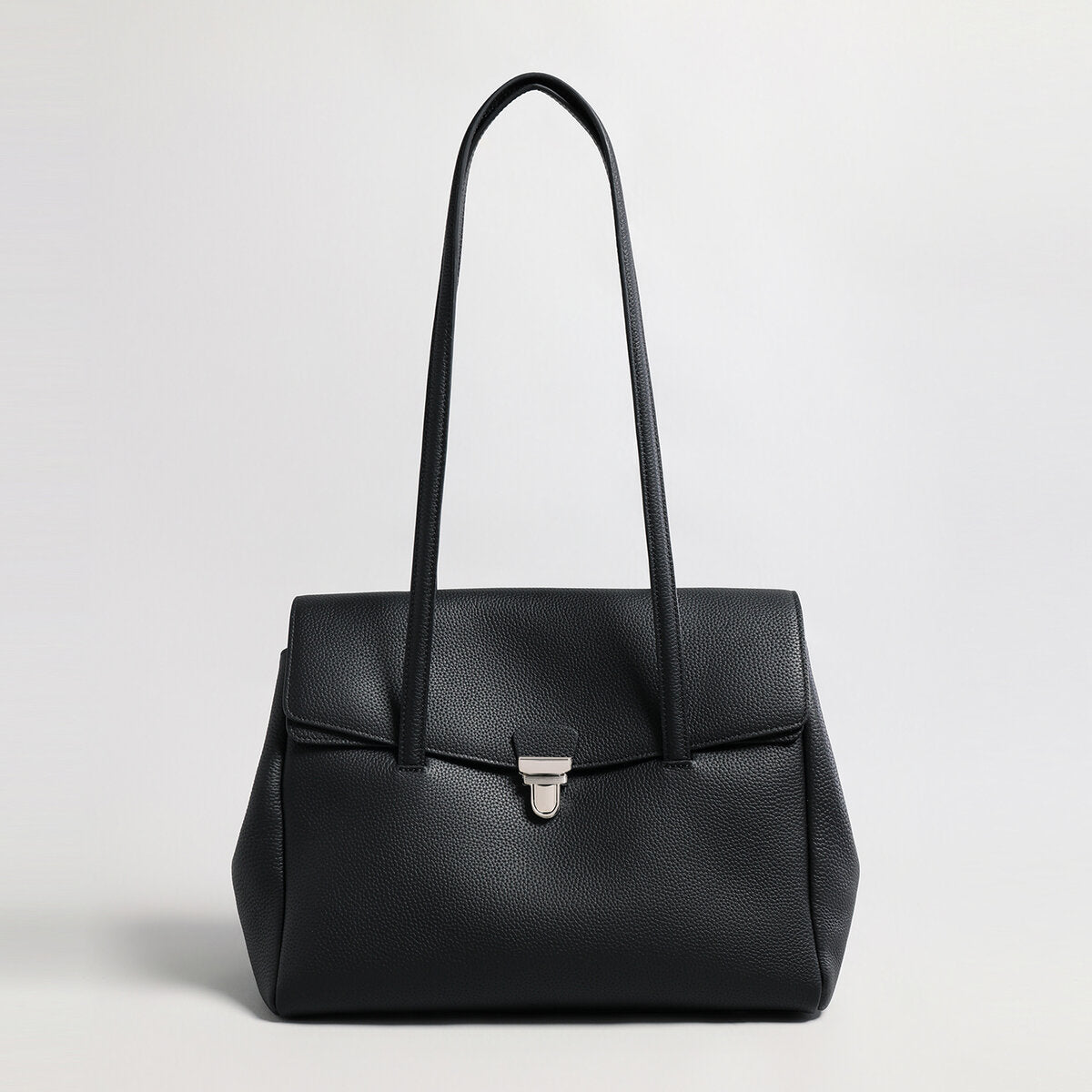 Pebbled Leather Turn-Lock Shoulder Tote Bag - Black