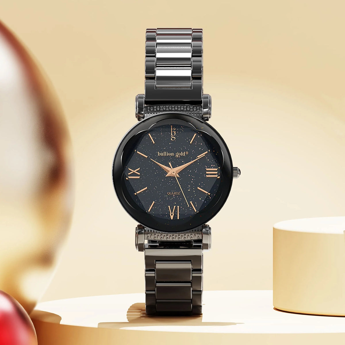 Bullion Gold Bullion Gold Romish Watch Embellished with Glittering Crystals - Black and Rose Gold