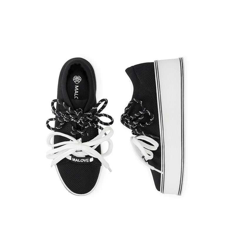 Dual Lace Platform Knit Sneakers - Black