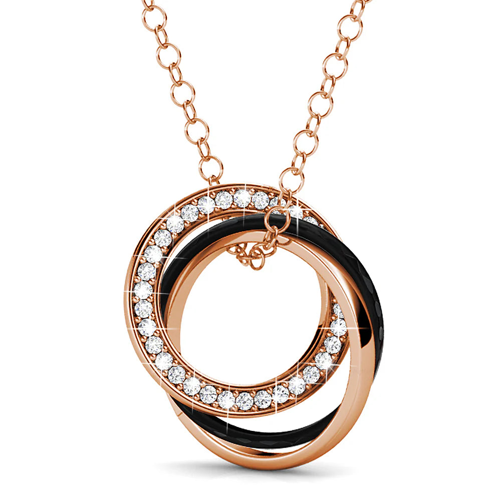 Krystal Couture Rose Gold Triple Interlocking Ring Black Pendant Necklace Embellished with Swarovski Crystals