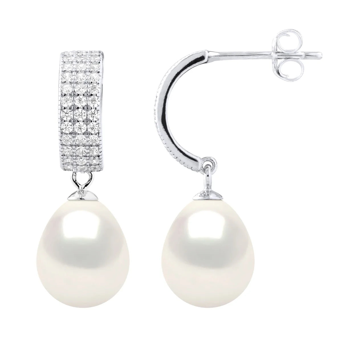 Drop Earrings Freshwater Pearl & Cubic Zirconia White Sterling Silver 8-9mm