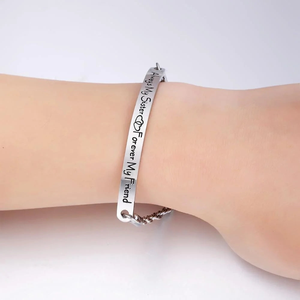 Bullion Gold Sisters Forever Inscriptions White Gold Bar Bracelet