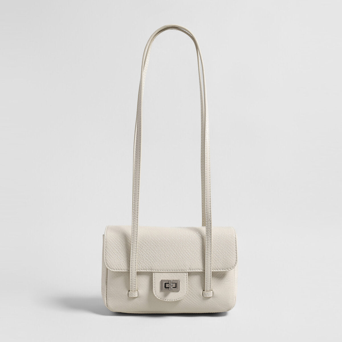 Snake-Embossed Metallic Flap Shoulder Bag - Ivory
