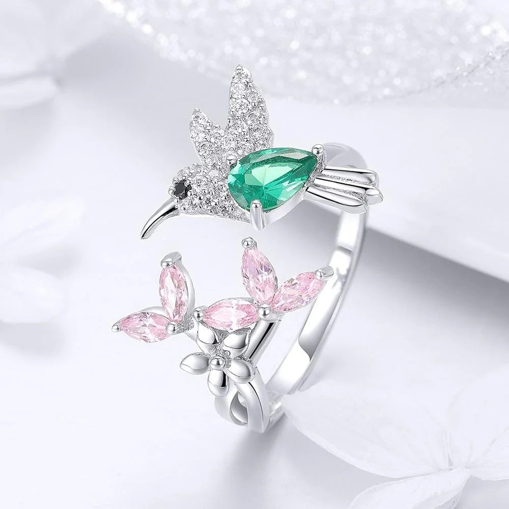 Adjustable Solid 925 Sterling Silver Humming Bird Fashion Ring