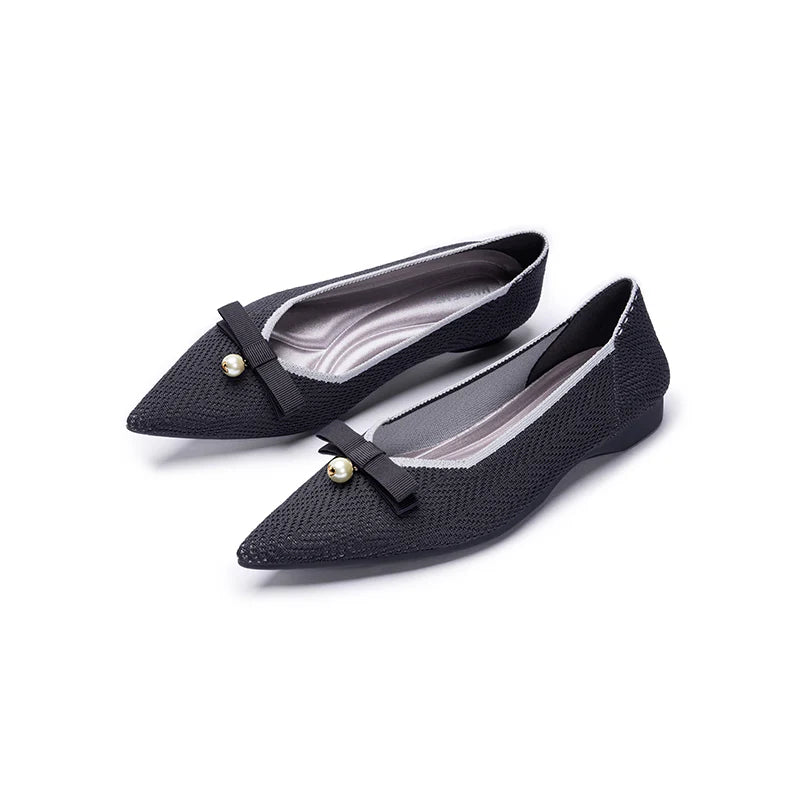 Sarah Casual Pearl Bow Commuter Flats - Charcoal