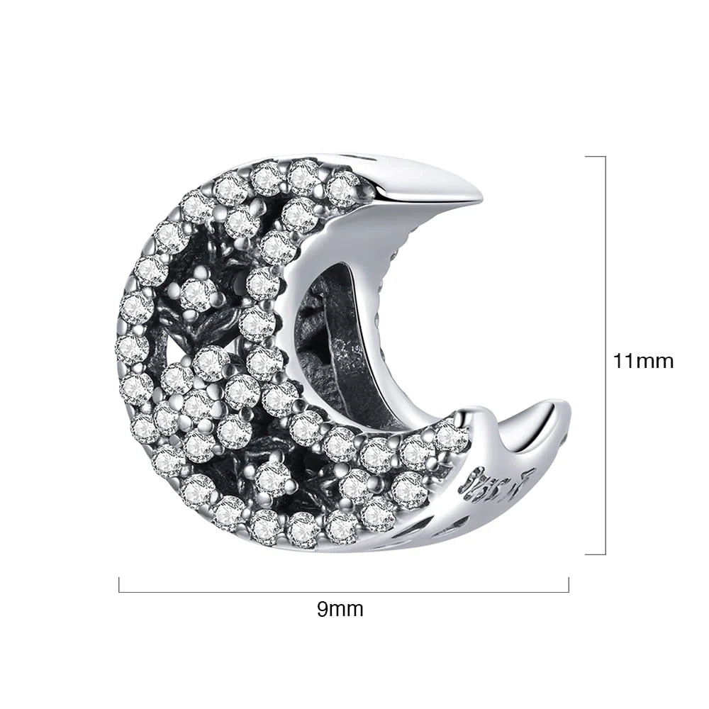 Solid 925 Sterling Silver Crescent Moon Crystals Pandora Inspired Charm