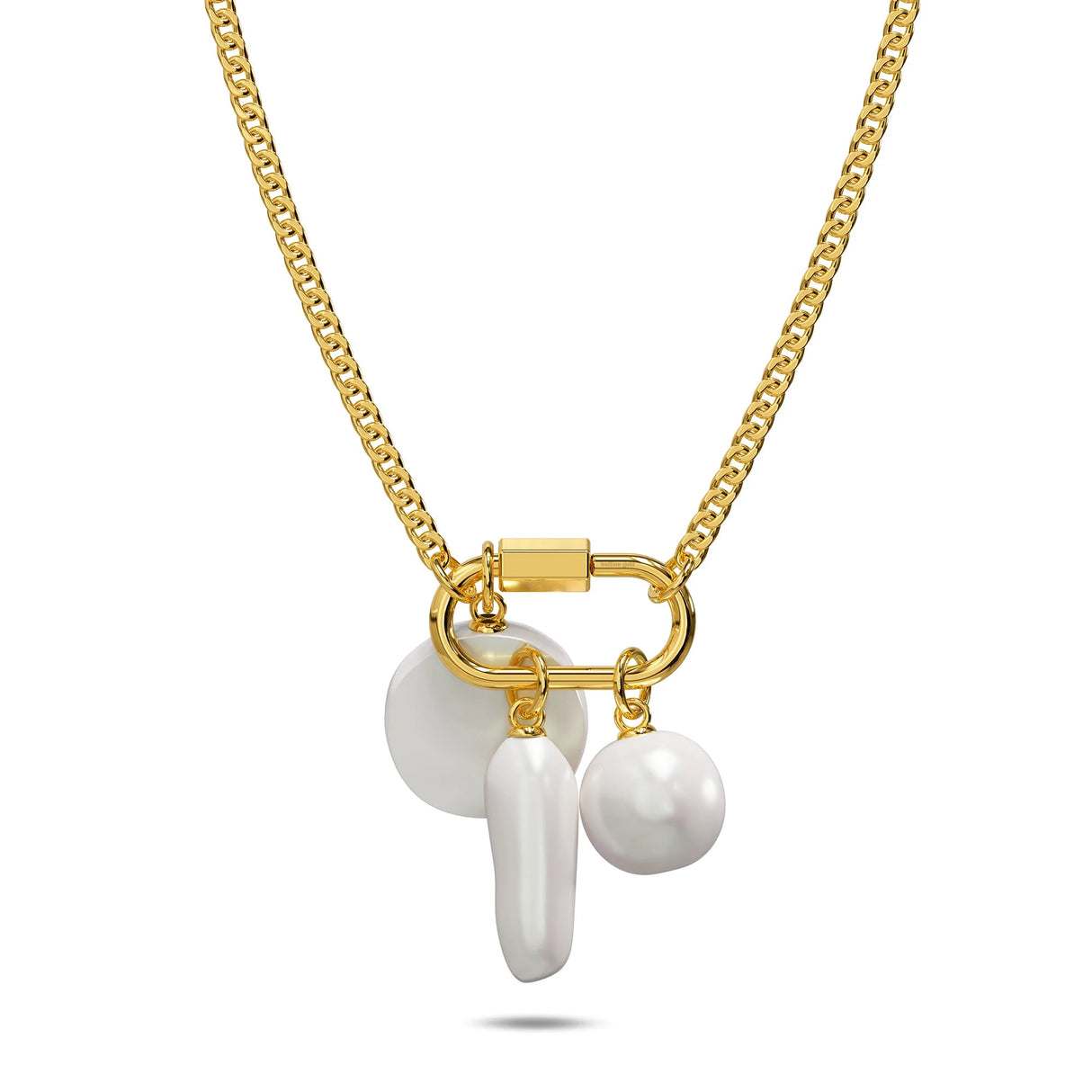 Bullion Gold Pearl Trio Gold Clasp Charm Necklace