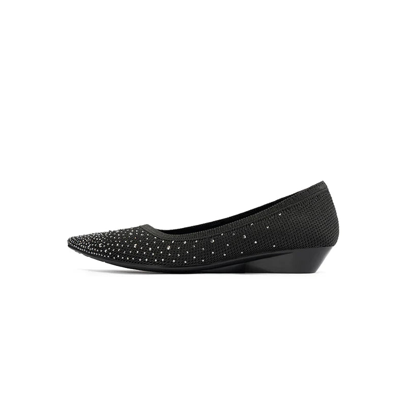 Rhinestone Gradient Knit Pointed Toe Wedge Flats - Black