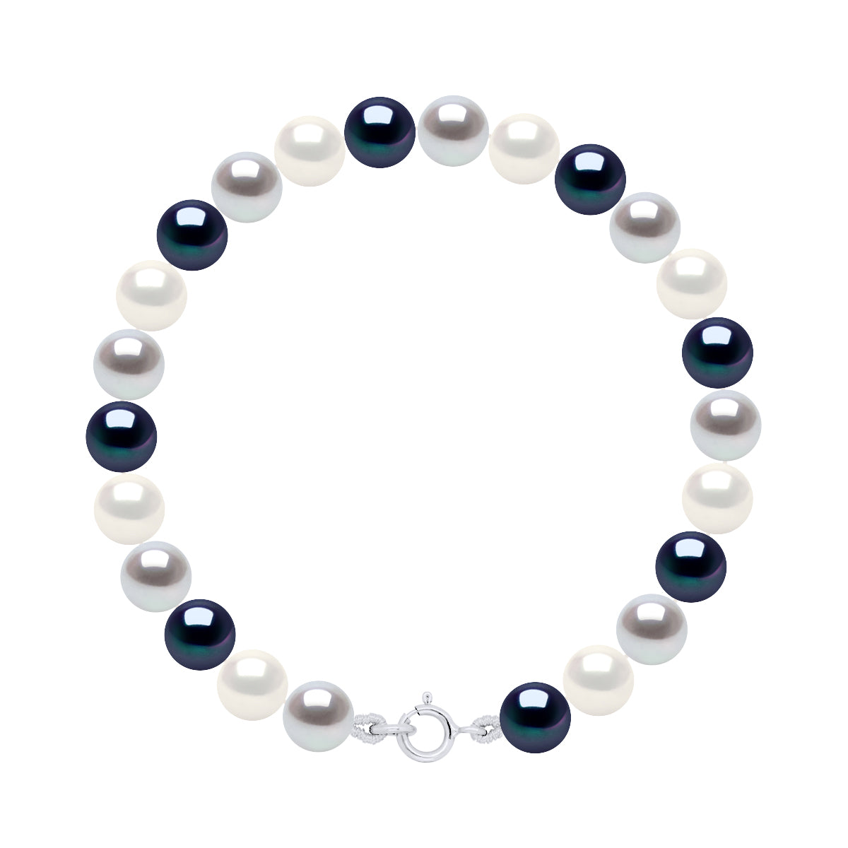 Bracelet of Real Cultured Freshwater Pearls Round 6-7 mm - Natural White + Grey (Pearl Grey) + Black "Tahitian Style" - Longueur 42 cm