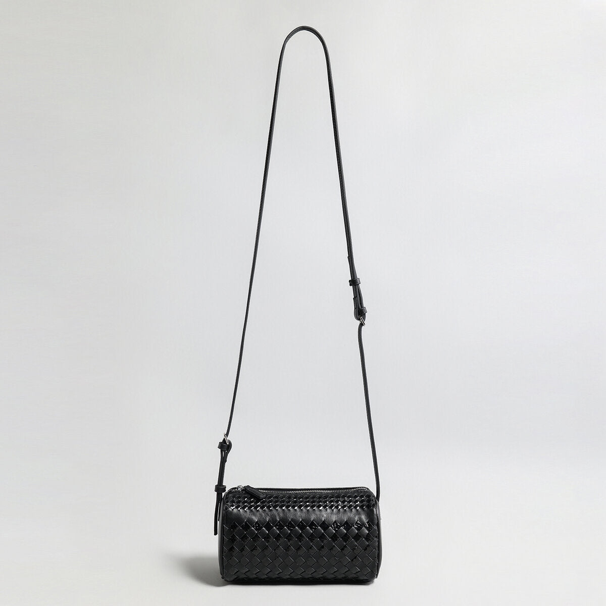 Hand-Woven Sheepskin Leather Cylinder Bag - Black