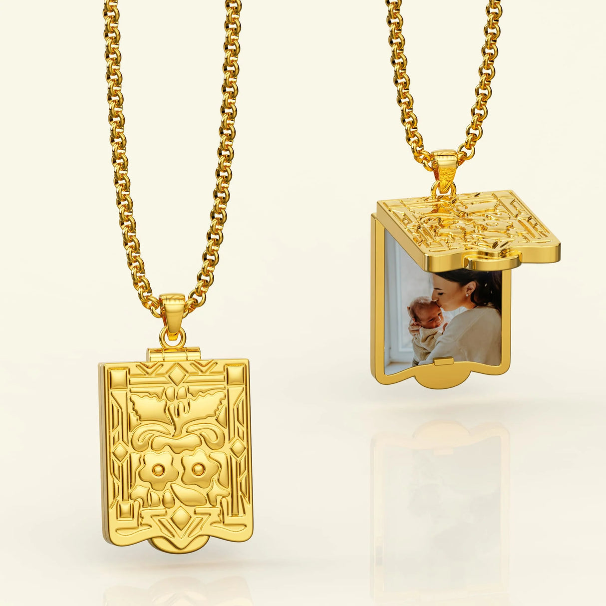 Bullion Gold Engraved Shield Photo Locket Necklace