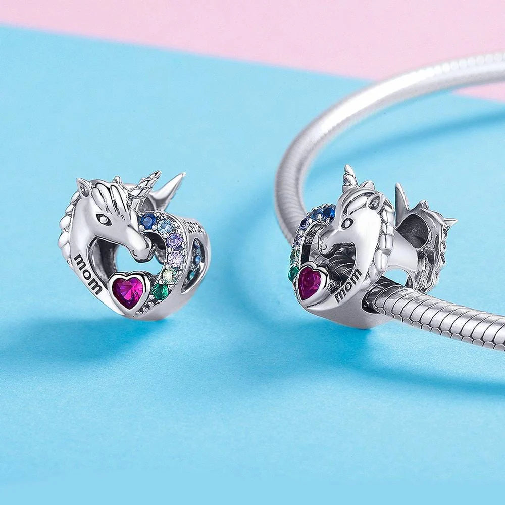 Solid 925 Sterling Silver Mom Inscription Unicorn Multicoloured CZ Charm
