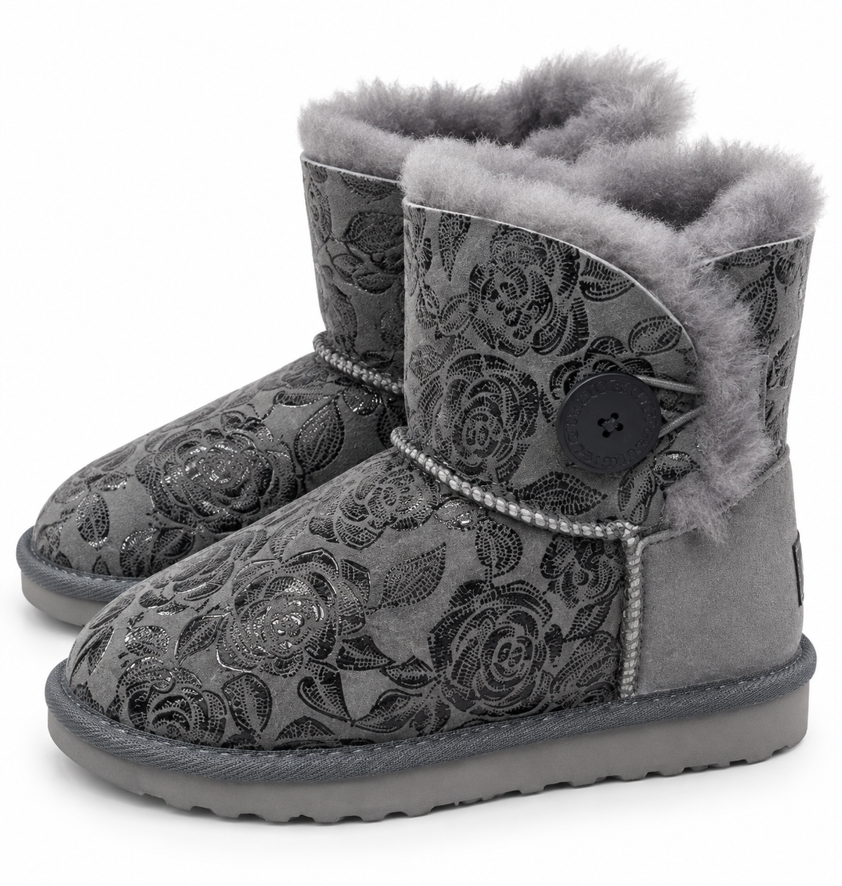 Australian Leather Ugg 1Button Floral Short - Grey - AU5