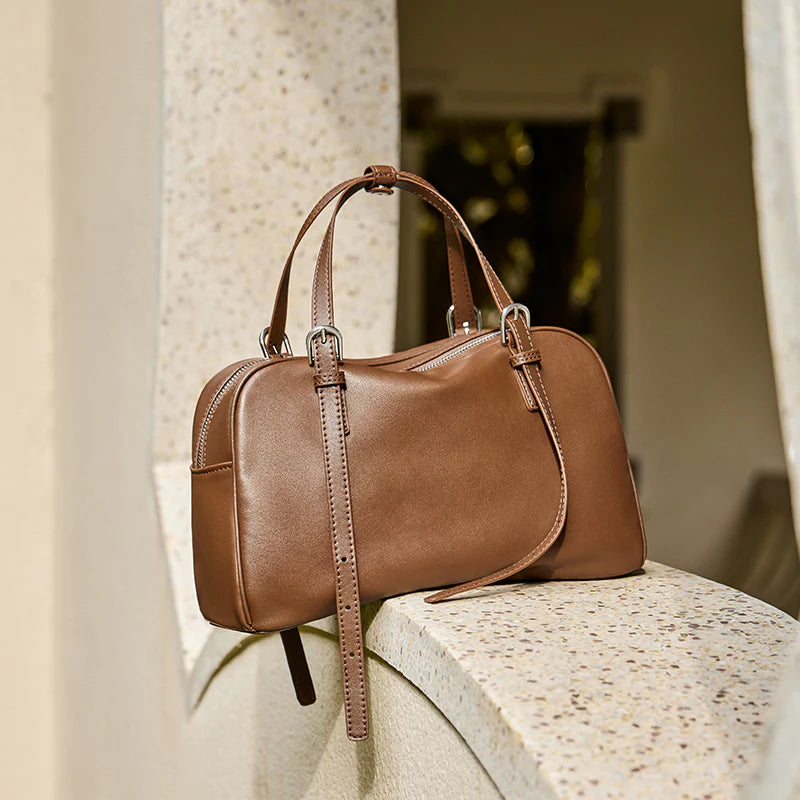 Nalandu Vintage Leather Bowling Bag - Camel