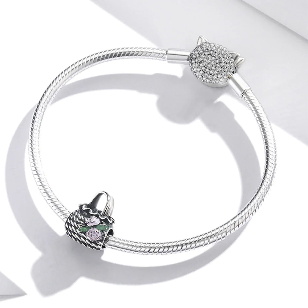 Solid 925 Sterling Silver Exclusive Floral Handbag Pandora Inspired Bead Charm