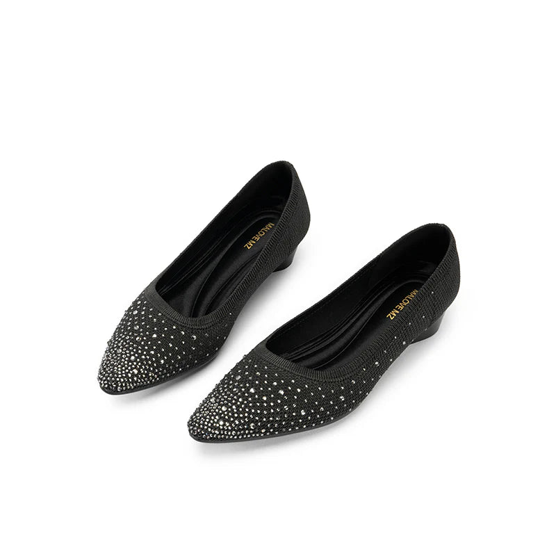 Rhinestone Gradient Knit Pointed Toe Wedge Flats - Black
