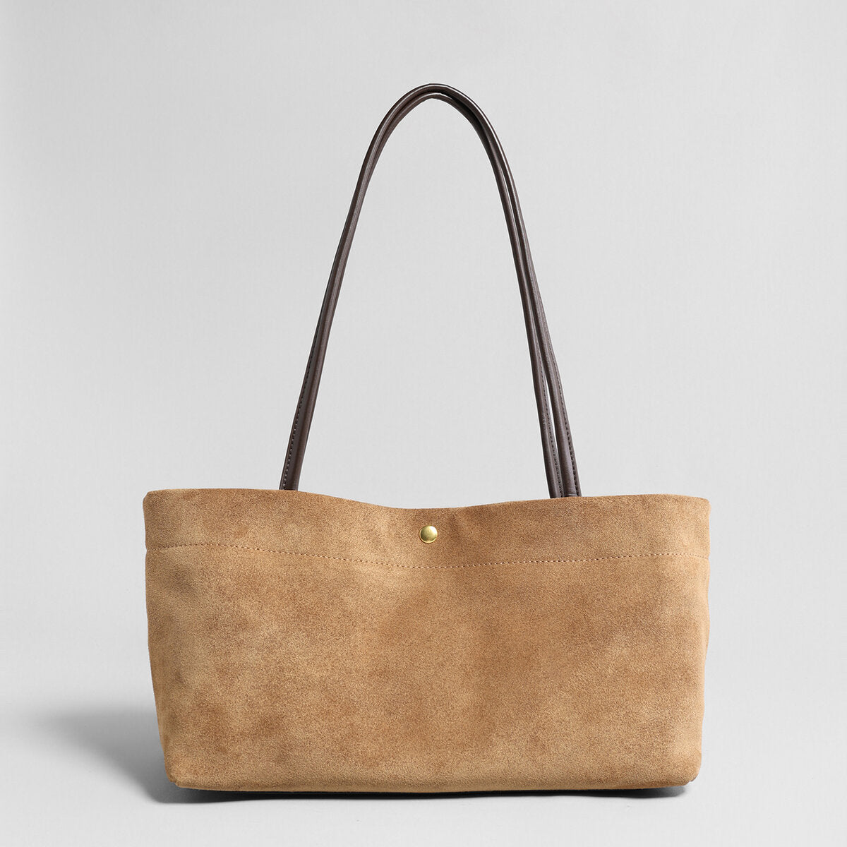 Suede Leather Wave-Top Tote Bag - Camel