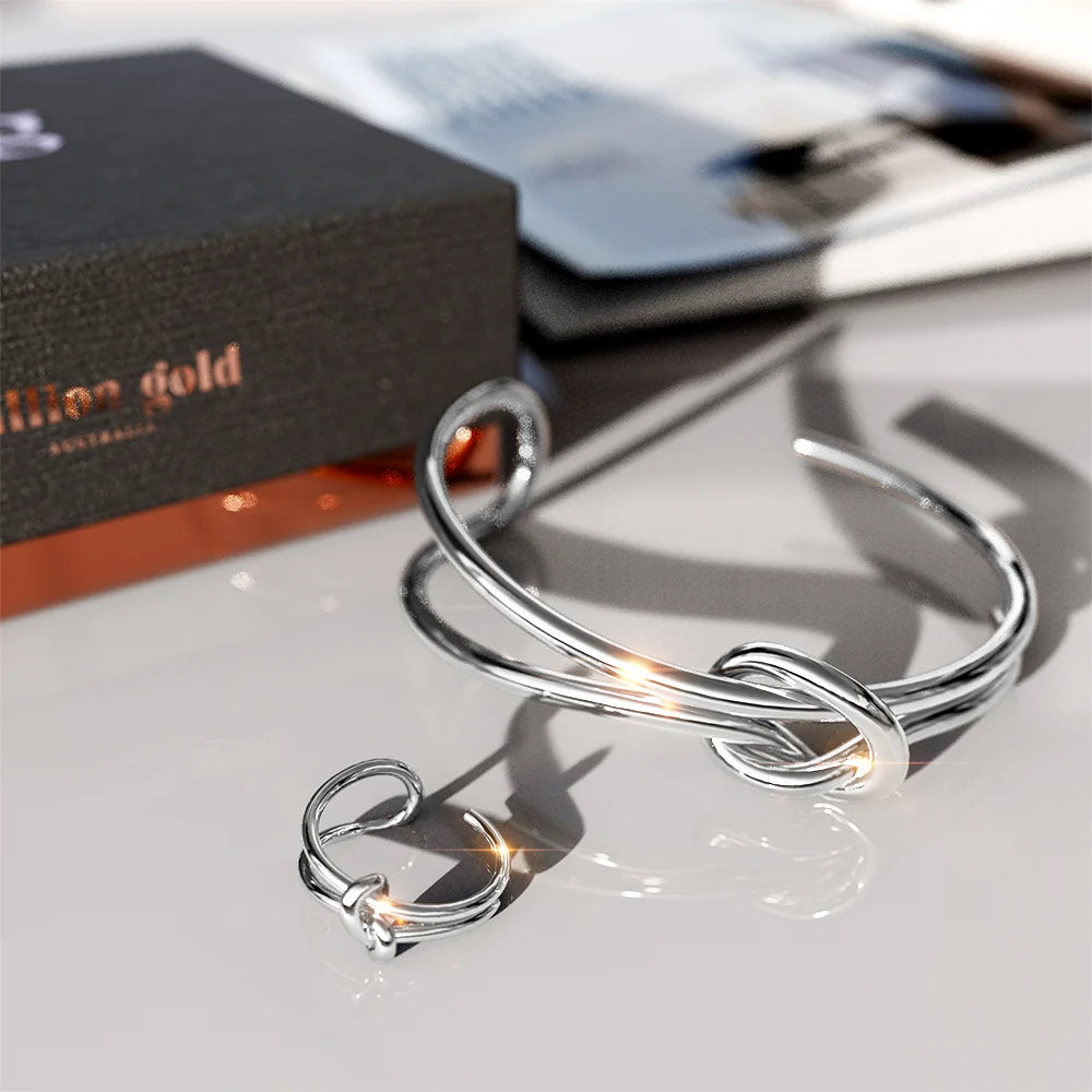 Boxed Forever Knot White Gold Titanium Cuff Bangle & Ring Set in White Gold