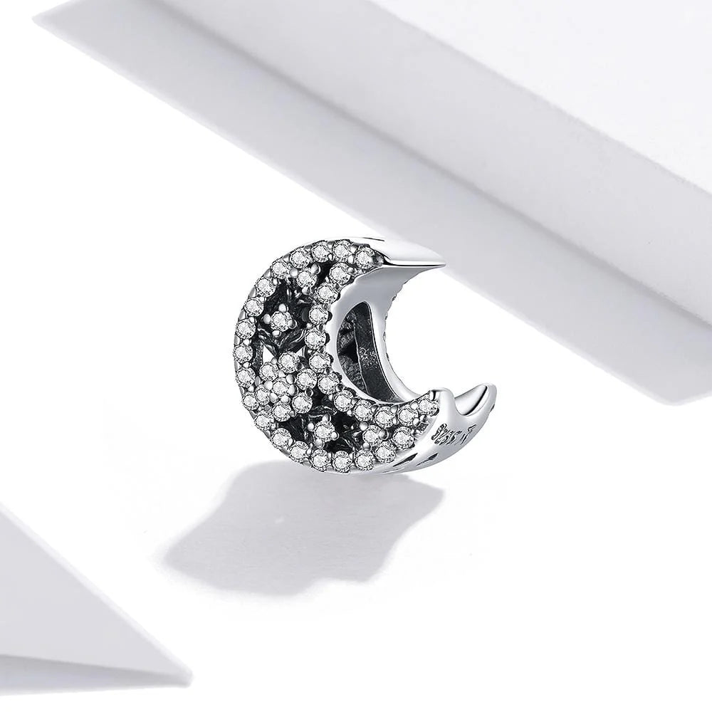 Solid 925 Sterling Silver Crescent Moon Crystals Pandora Inspired Charm