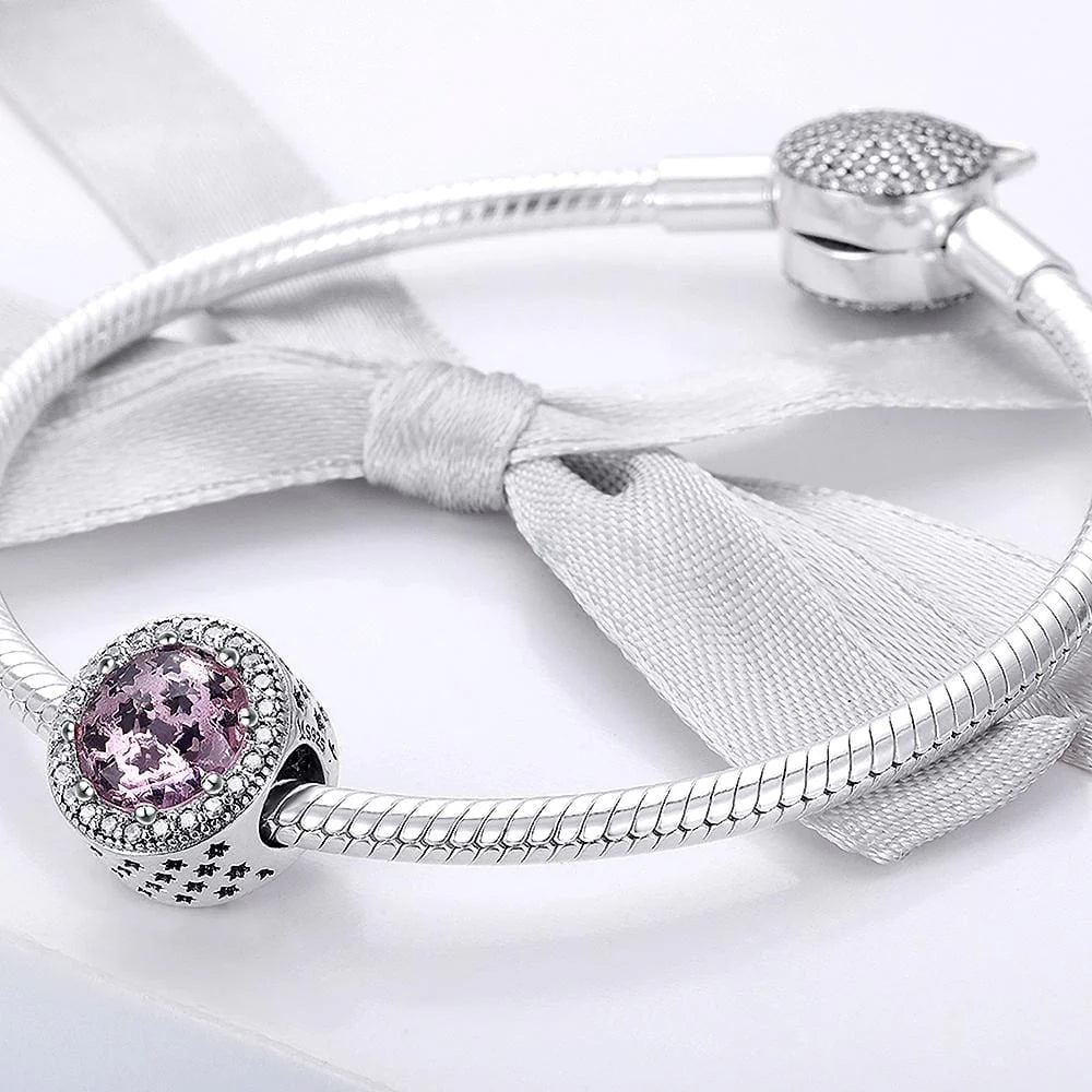 Solid 925 Sterling Silver Pink Mystic Stars CZ Charm