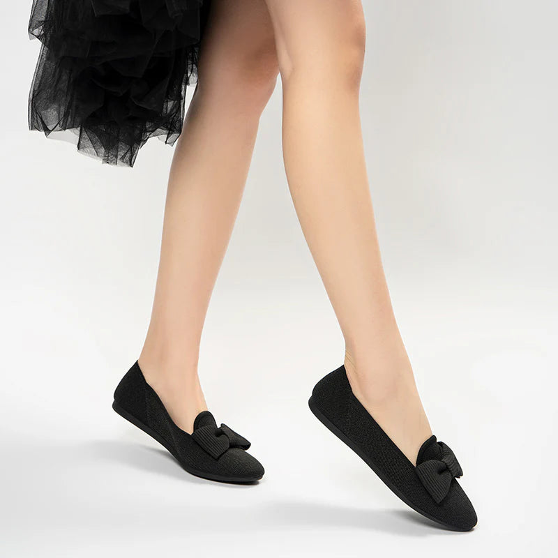 Bow Detail Round Toe Knit Flat Loafers - Black