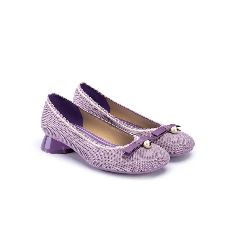 Pearl Bow Knit Square Toe Loafer Pumps - Lavender