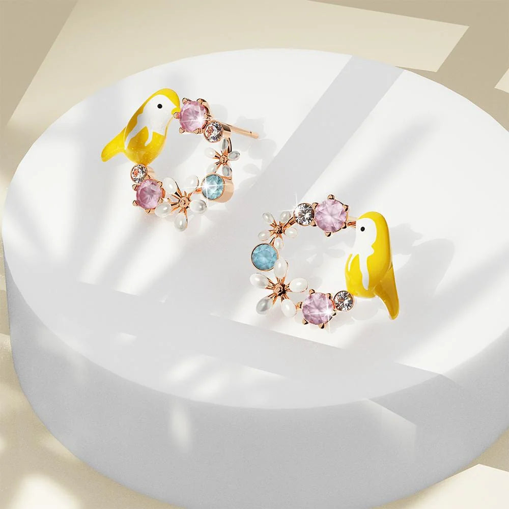 Krystal Couture Yellow Bird and Multicolour Floral Austrian Crystal Stud Earrings
