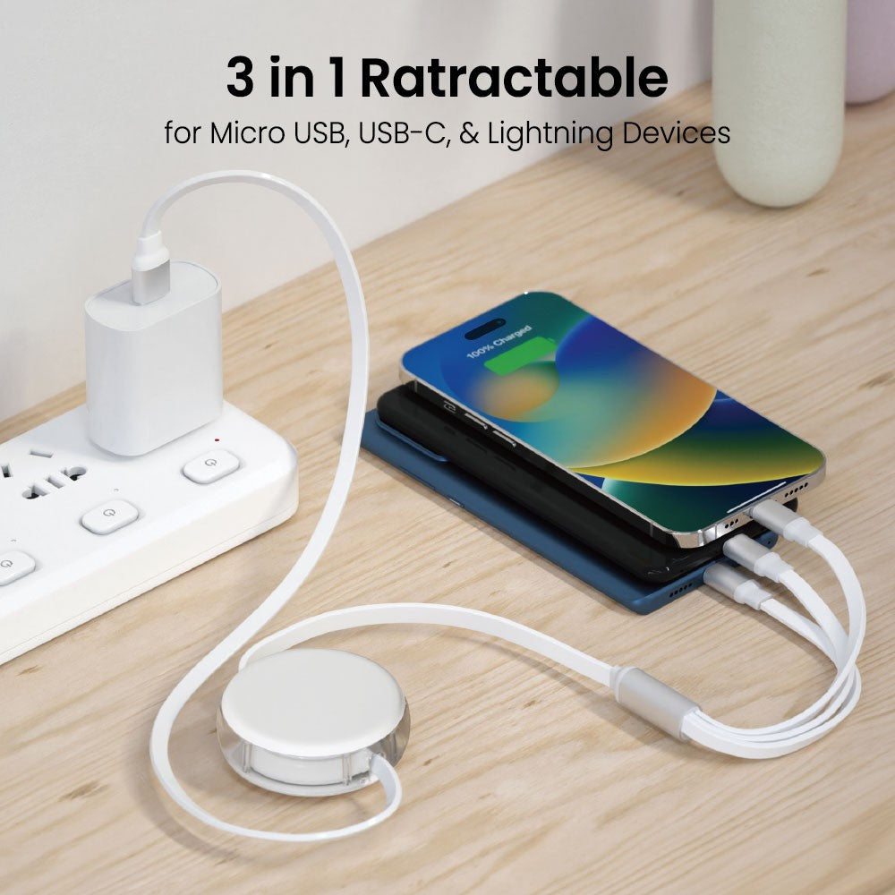 iQuick 3 in 1 Retractable Fast Charge Data Sync Cable USB Type-C Micro USB Pin