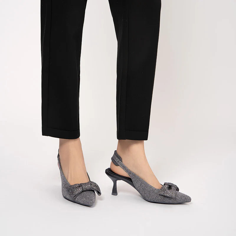 Rhinestone Bow Slingback Kitten Heels - Grey
