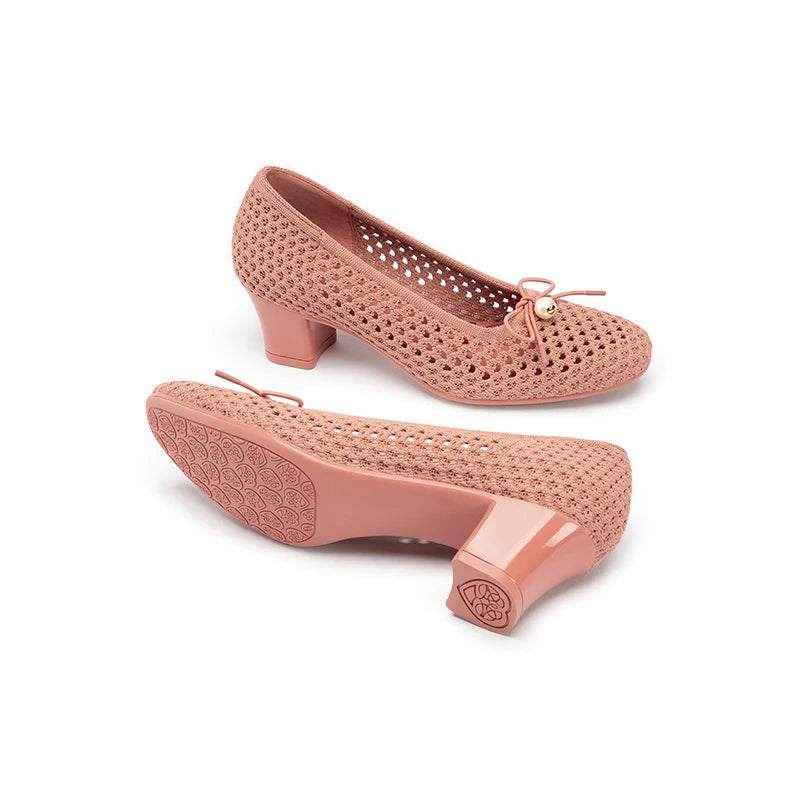 Pearl Bow Mesh Knit Round Toe Pumps - Orange