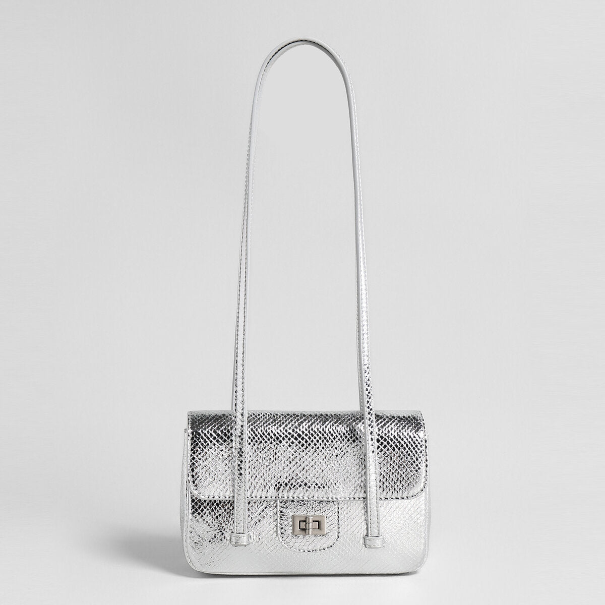 Snake-Embossed Metallic Flap Shoulder Bag - Silver