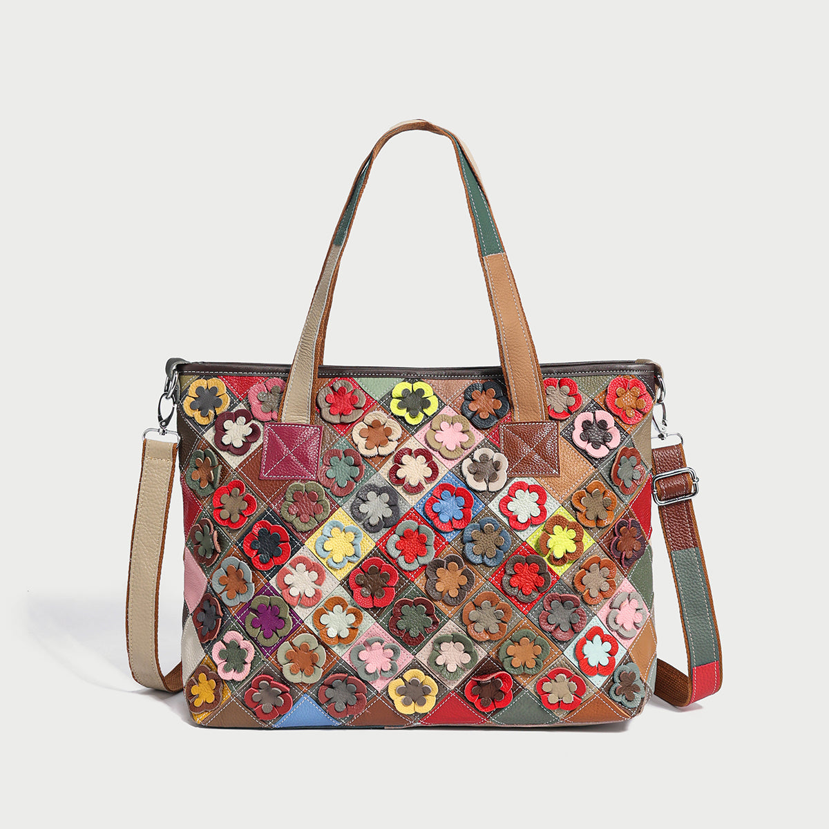 Colorful Hippie Floral Patchwork Leather Tote Bag - Rainbow