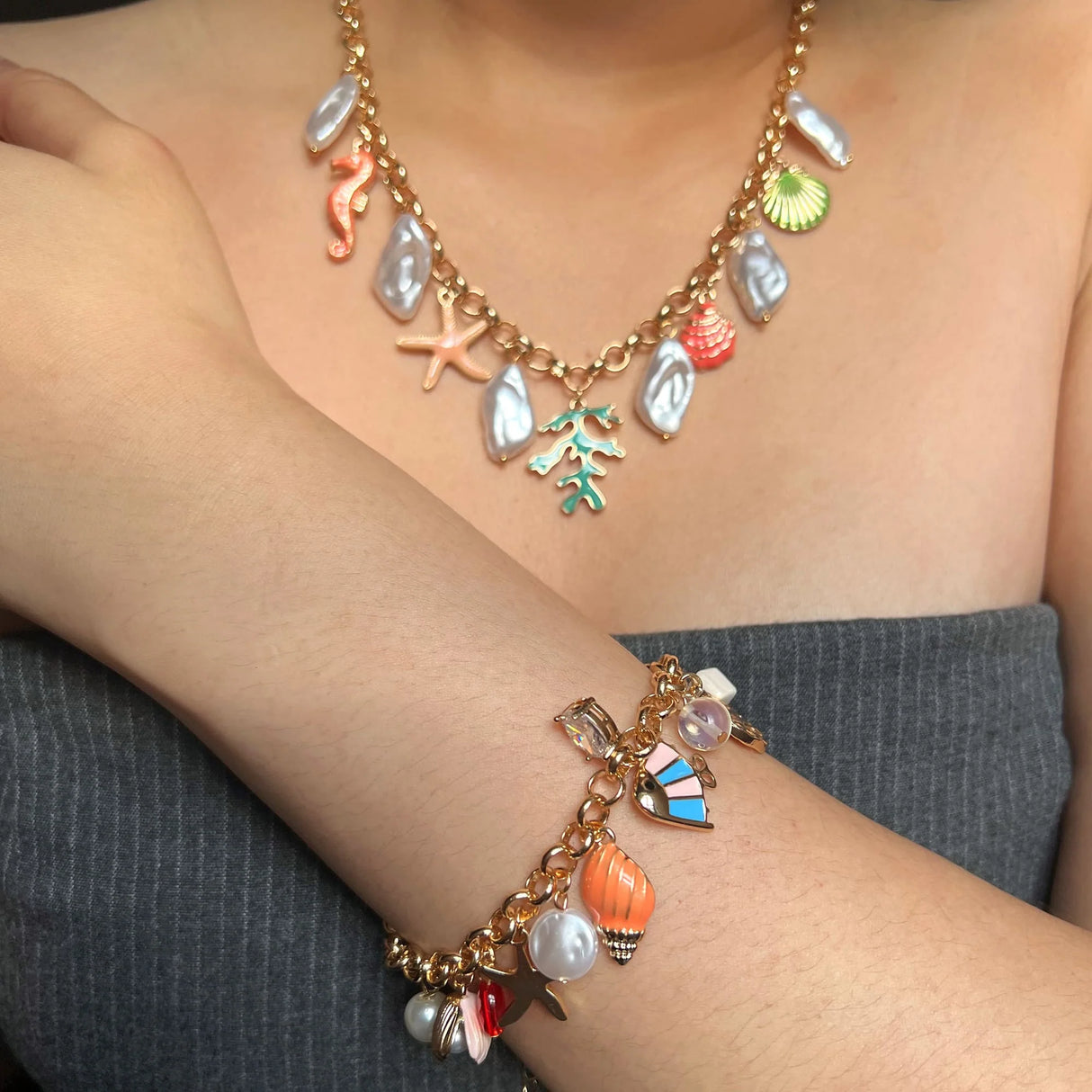 Bullion Gold Beaded Summer Sea Charm Gold Necklace