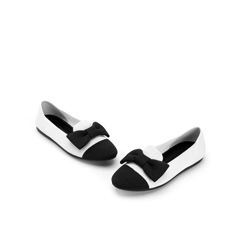 Bow Detail Round Toe Knit Flat Loafers - White