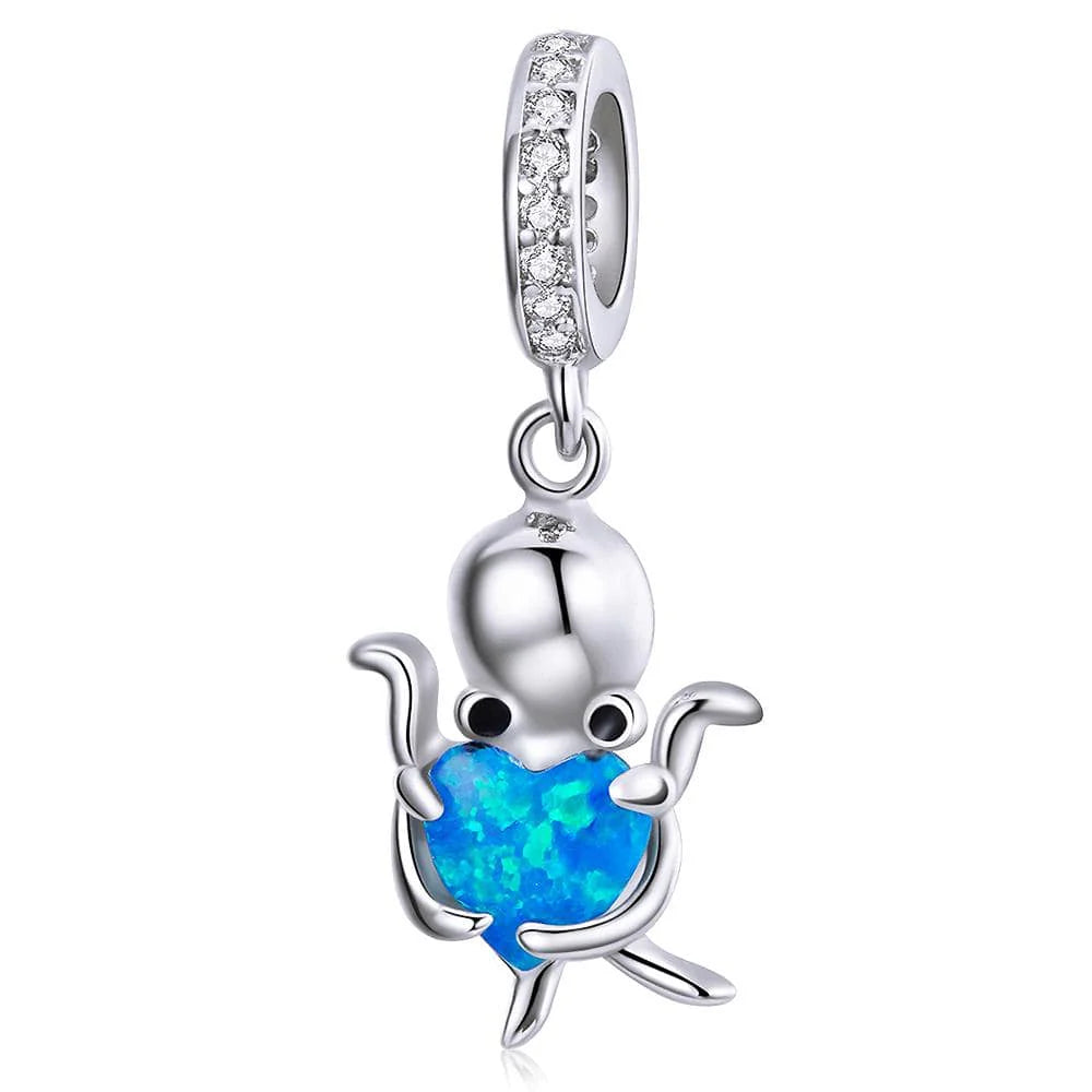 Solid 925 Sterling Silver Little Octopus feat. Blue Blazing Heart Pandora Inspired Charm