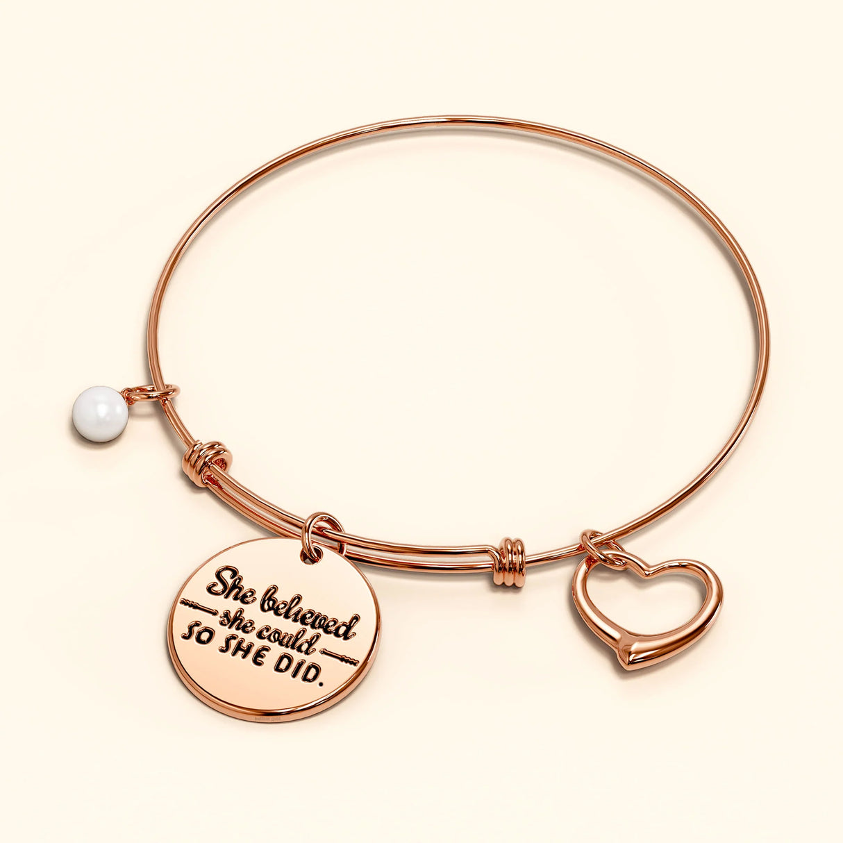 Bullion Gold She Believed She Could Heart Charm Rose Gold Layered Tubular Adjustable Inspirational Bangle