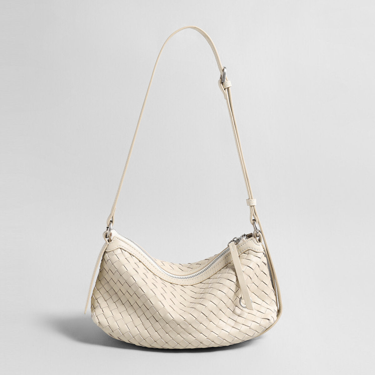 Woven Lambskin Leather Crescent Shoulder Bag - Ivory