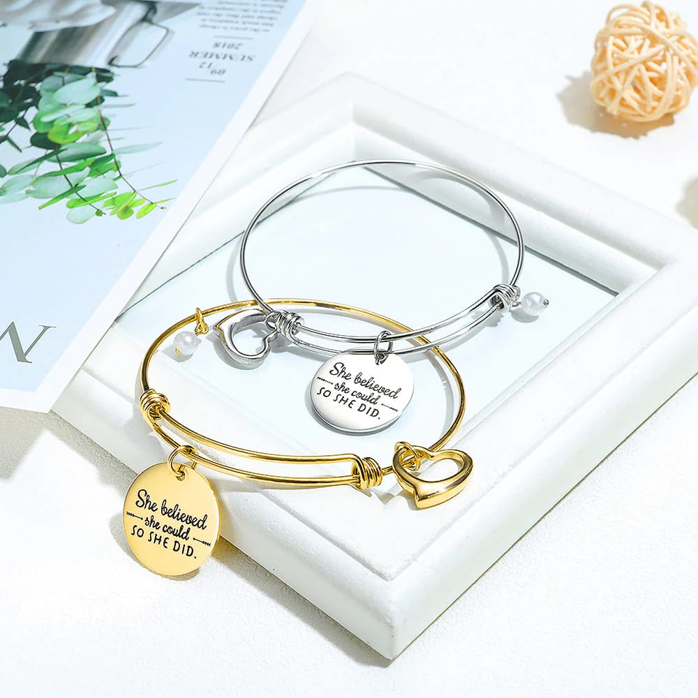 Bullion Gold She Believed She Could Heart Charm Gold Layered Tubular Adjustable Inspirational Bangle